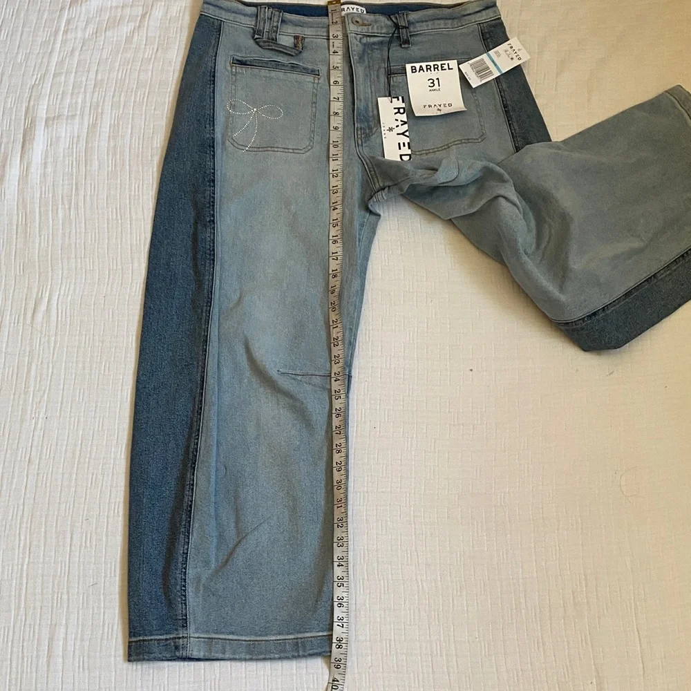 FRAYED Two-Tone Light Blue and Dark Blue Relaxed Barrel  Jeans 99% Cotton